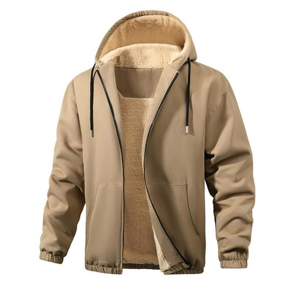 Levmjia Men's Winter Fleece Lined Hooded Jacket Warm Zip Up Coat with Pockets Thermal Winter Outerwear Polyester Plus Size XS-2XL Khaki