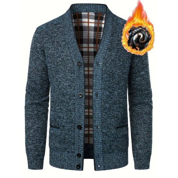 Levmjia Men's Winter Sweater Casual V-Neck Cardigan Solid Color Button-Up Sweater with Pockets Thickened Nylon Spandex Blend M-4XL Autumn Fashion Outerwear Warm Knitted Coat