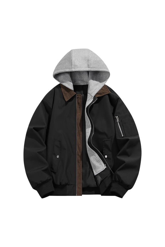 Men's Workwear Jacket Fake Two Piece Hooded Coat Polyester Streetwear Zipper Pockets Casual Outerwear Long Sleeve Jacket M-3XL Trendy Black
