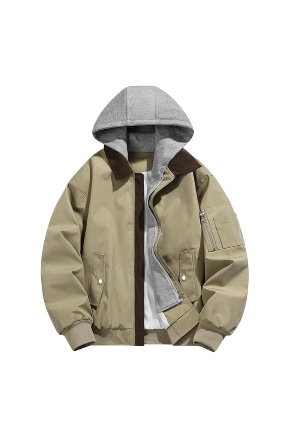 Men's Workwear Jacket Fake Two Piece Hooded Coat Polyester Streetwear Zipper Pockets Casual Outerwear Long Sleeve Jacket M-3XL Trendy Khaki