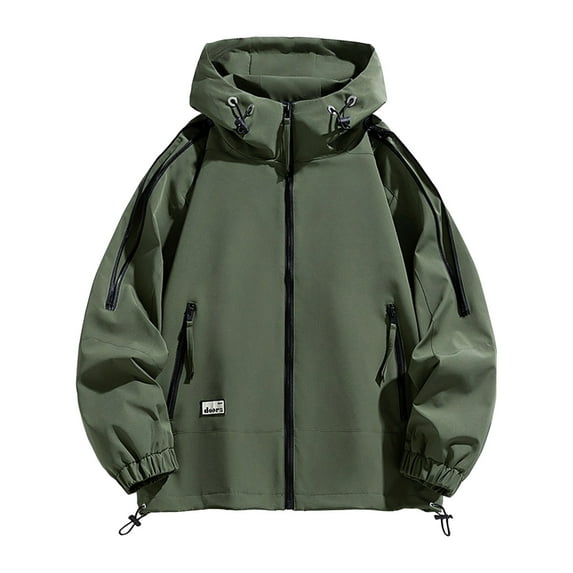 Levmjia Men's Workwear Jacket with Multiple Pockets Outdoor Hooded Casual Coat Polyester Casual Jacket with Drawstring Design Solid Color L-4XL Green