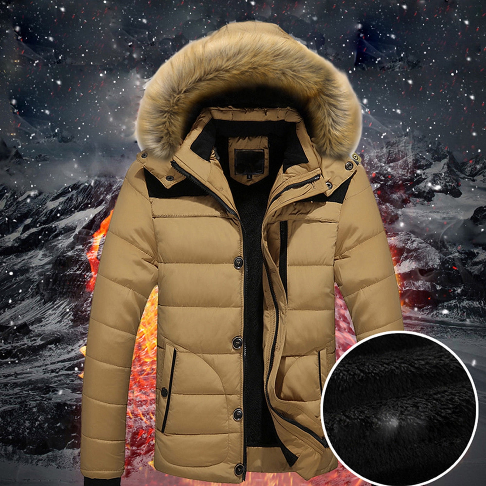 Clearance Men's Winter Coats Thicken Windproof Ski Jacket Warm Hat