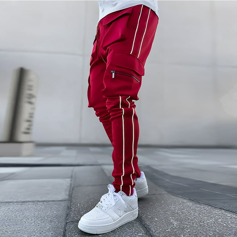 Levmjia Mens Sweatpants Joggers Tall Men's Multi-pocket Reflective  Straight-leg Sports Casual Overalls Red 