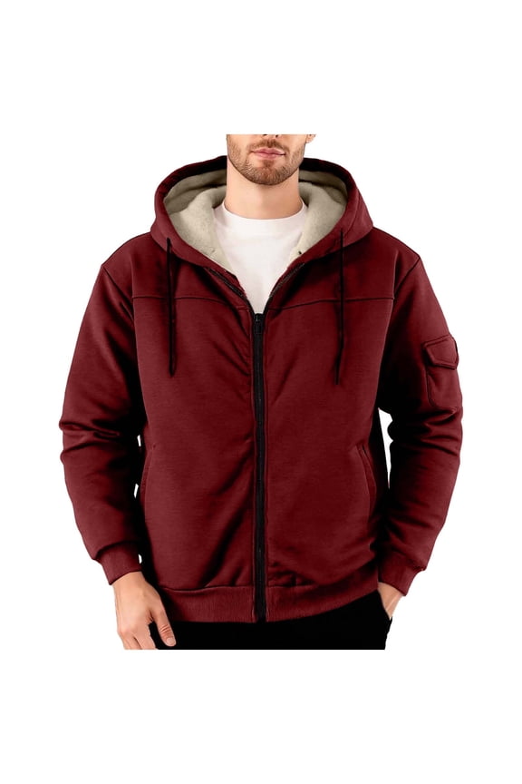 Mens Winter Hooded Jacket Full Zip Big and Tall Sweatshirt Coat Solid Color With Pocket Long-Sleeved Zipper Casual Warm Windproof Breathable Jacket