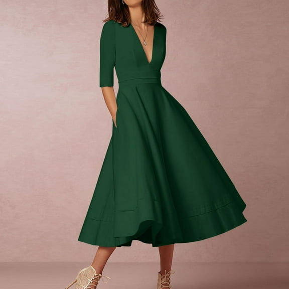 Levmjia Midi Dresses for Women Fashion Short Sleeve V-Neck Solid Mid-Calf Elegant Evening Party Summer