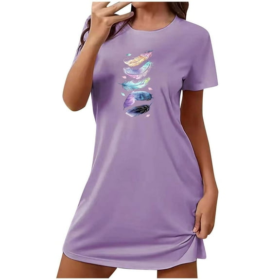 Levmjia Nightgowns For Women Sleep Dress Short Sleeve Soft Polyester Spandex Summer Comfortable Loose Fit Sleepwear Casual Home Dress Print Design S-XXL