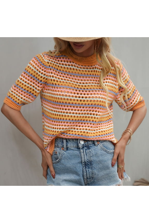 Oversized Pullover Sweaters Tops for Women Fashion Round-Neck Loose Striped Printed Casual Short Sleeve Tops Sweater
