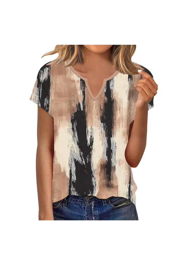 Women's V-Neck Short Sleeve T-Shirt, Loose Fit Casual Top with Non-Aligned Print, Soft Stretch Cotton Feel Tee for Spring Summer, Lightweight Everyday Basic Shirt