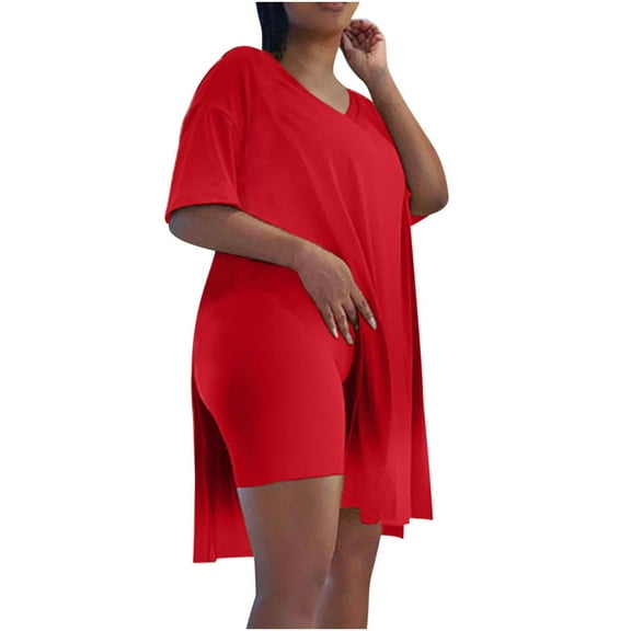 Levmjia Plus Size 2 Piece Sets For Women Summer Casual Outfits V-Neck Tops & Biker Shorts Sets Ultra-Soft Polyester Sportswear Multi-Color Comfort Stretch Athletic Wear