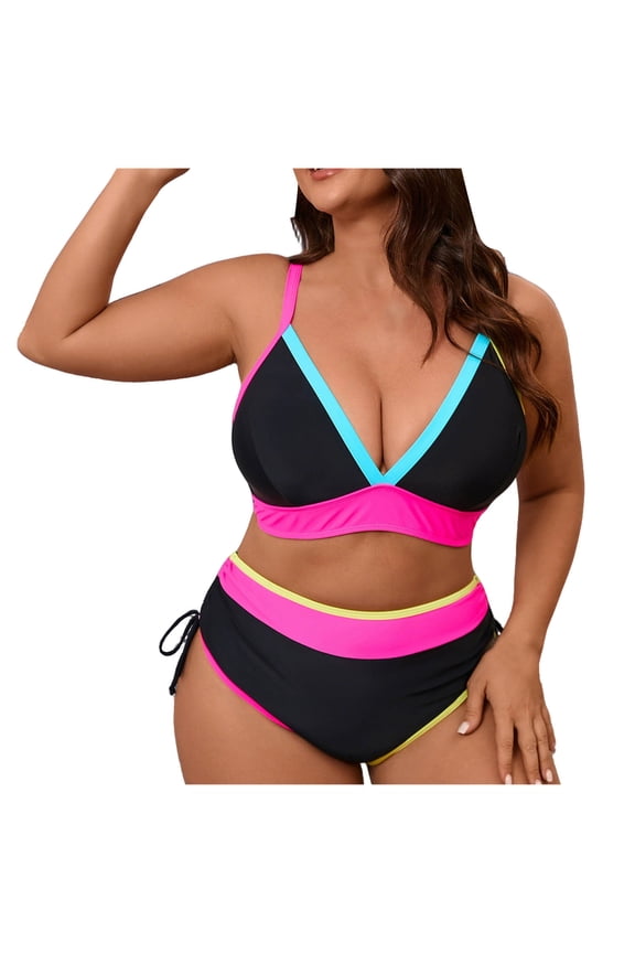 Plus Size Bikini Set, High Waisted Color Block Tankini Swimsuit, Nylon Spandex Women's Swimwear, Ruffle Detail Tummy Control 2Pc Swimsuits 1X - 5XL