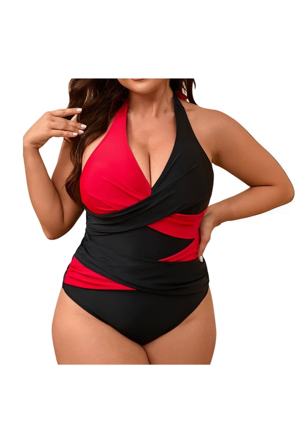 Plus Size Swimsuit Women Halter Neck Tummy Control One Piece Matte Nylon Spandex Ruched Color Block Athletic Swimwear L-5XL