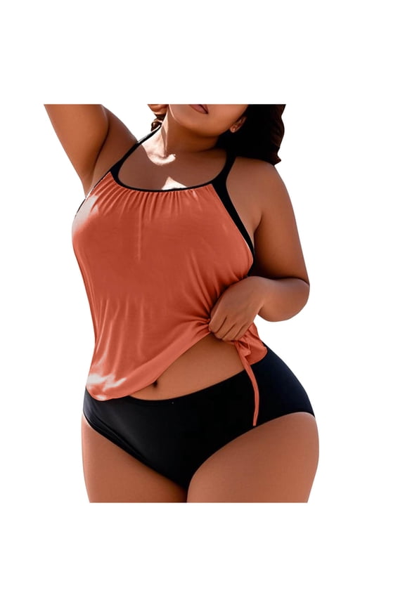 Plus Size Tankini Swimsuit with Padded Cups Wirefree Loose Drawstring High Waisted Bikini Set Women, Nylon Spandex Swimwear Tummy Control L-5XL
