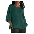 thumbnail image 1 of Levmjia Plus Size Tops For Women 3/4 Sleeves Side Split Head Basic Round Neck Solid Color Cotton And Linen Short Sleeve Loose Slim Casual T-Shirt, 1 of 6