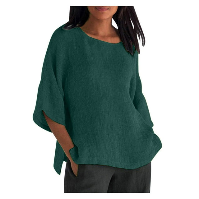 Levmjia Plus Size Tops For Women 3/4 Sleeves Side Split Head Basic Round Neck Solid Color Cotton And Linen Short Sleeve Loose Slim Casual T-Shirt