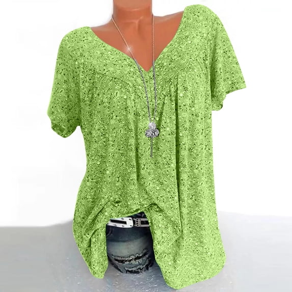 Levmjia Plus Size Tops For Women V-Neck Pullover Floral Pattern Print Short Sleeve Casual Loose Pleated Short Sleeve Mother's Day Gift