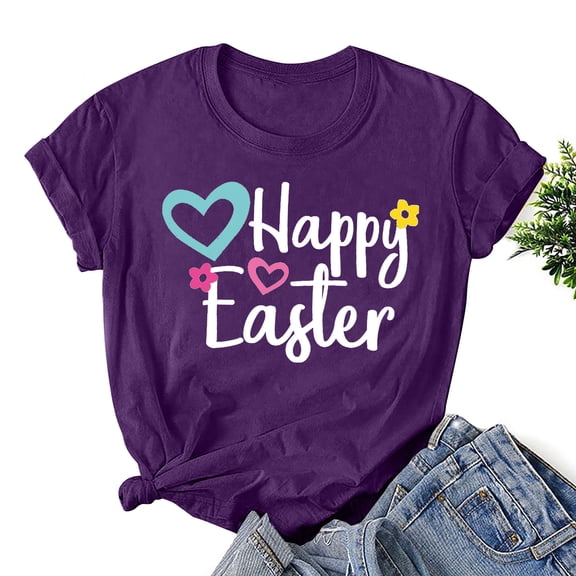 Levmjia Plus Size Tops for Women Easter Shirts Women's Easter Printed Round Neck Short Sleeved T-shirt Loose Top