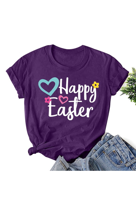 Plus Size Tops for Women Easter Shirts Women's Easter Printed Round Neck Short Sleeved T-shirt Loose Top