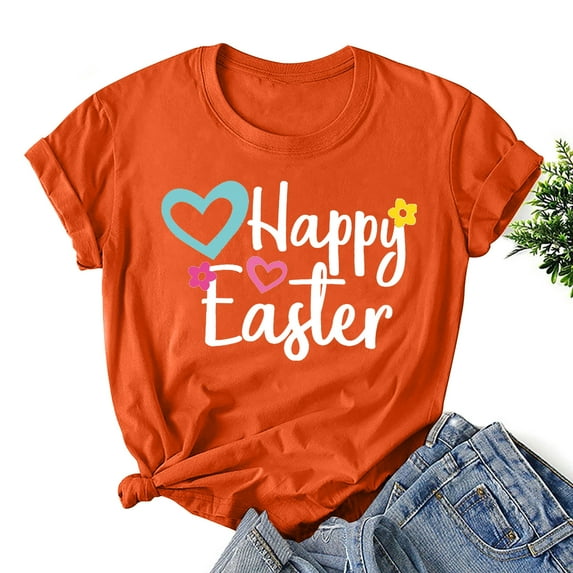 Levmjia Plus Size Tops for Women Easter Shirts Women's Easter Printed Round Neck Short Sleeved T-shirt Loose Top