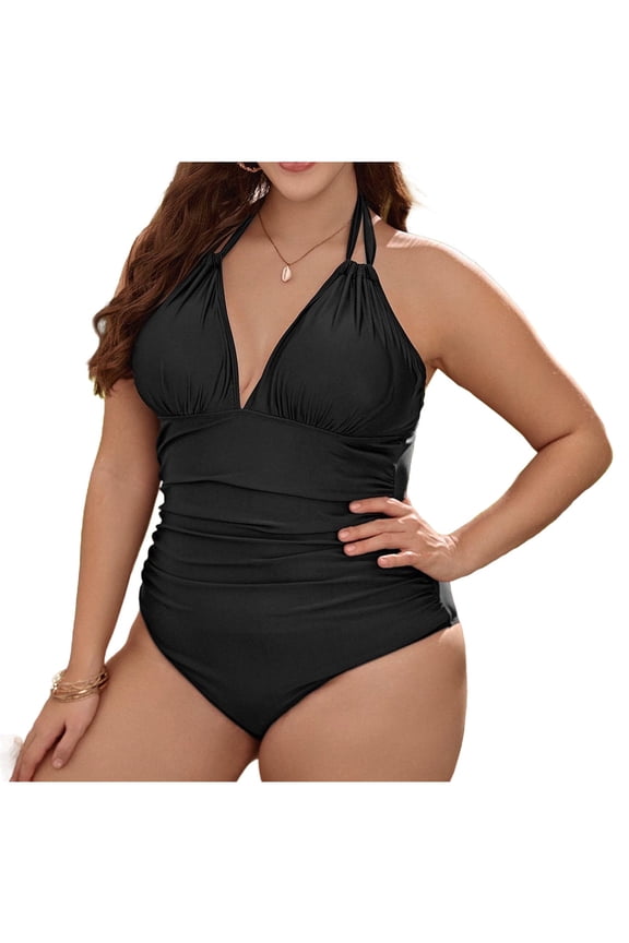 Plus Size Women's One Piece Swimsuit Halter Neck with Padding Matte Black Tummy Control Flattering Plus Size Swimwear for Curvy Women L - 4XL