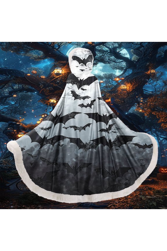Printed Fuzzy Plush Hooded Long Cloak Soft Warm Fluffy Unique Loose Oversized Cape Halloween Gothic Party Casual Outfit Holiday Dress Up Outerwear
