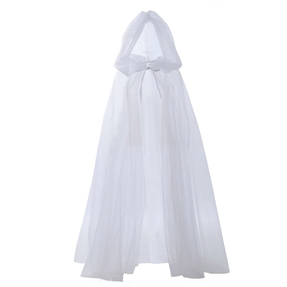 Levmjia Sheer Hooded Cloak Solid Lightweight Mesh Cape Flowy Ruffled Hem Design Classic Color Halloween Party Performance Outfit Adult Women Festive Holiday Dress Up
