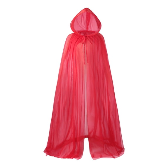 Levmjia Sheer Hooded Cloak Solid Lightweight Mesh Cape Flowy Ruffled Hem Design Classic Color Halloween Party Performance Outfit Adult Women Festive Holiday Dress Up