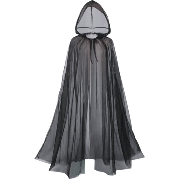 Levmjia Sheer Hooded Cloak Solid Lightweight Mesh Cape Flowy Ruffled Hem Design Classic Color Halloween Party Performance Outfit Adult Women Festive Holiday Dress Up