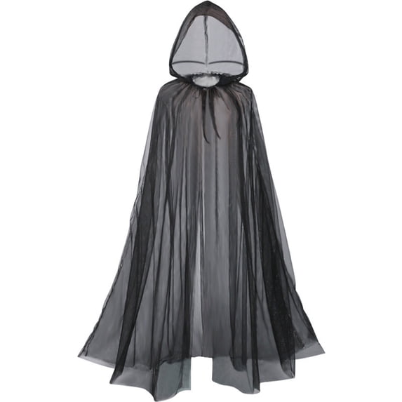 Levmjia Sheer Hooded Cloak Solid Lightweight Mesh Cape Flowy Ruffled Hem Design Classic Color Halloween Party Performance Outfit Adult Women Festive Holiday Dress Up