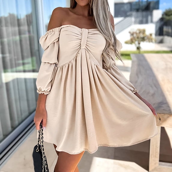 Levmjia Summer Dresses For Women Plus Size Clearance Fashion Casual Solid 3/4 Sleeve One Ruffle Shoulder Mini Dress Beige