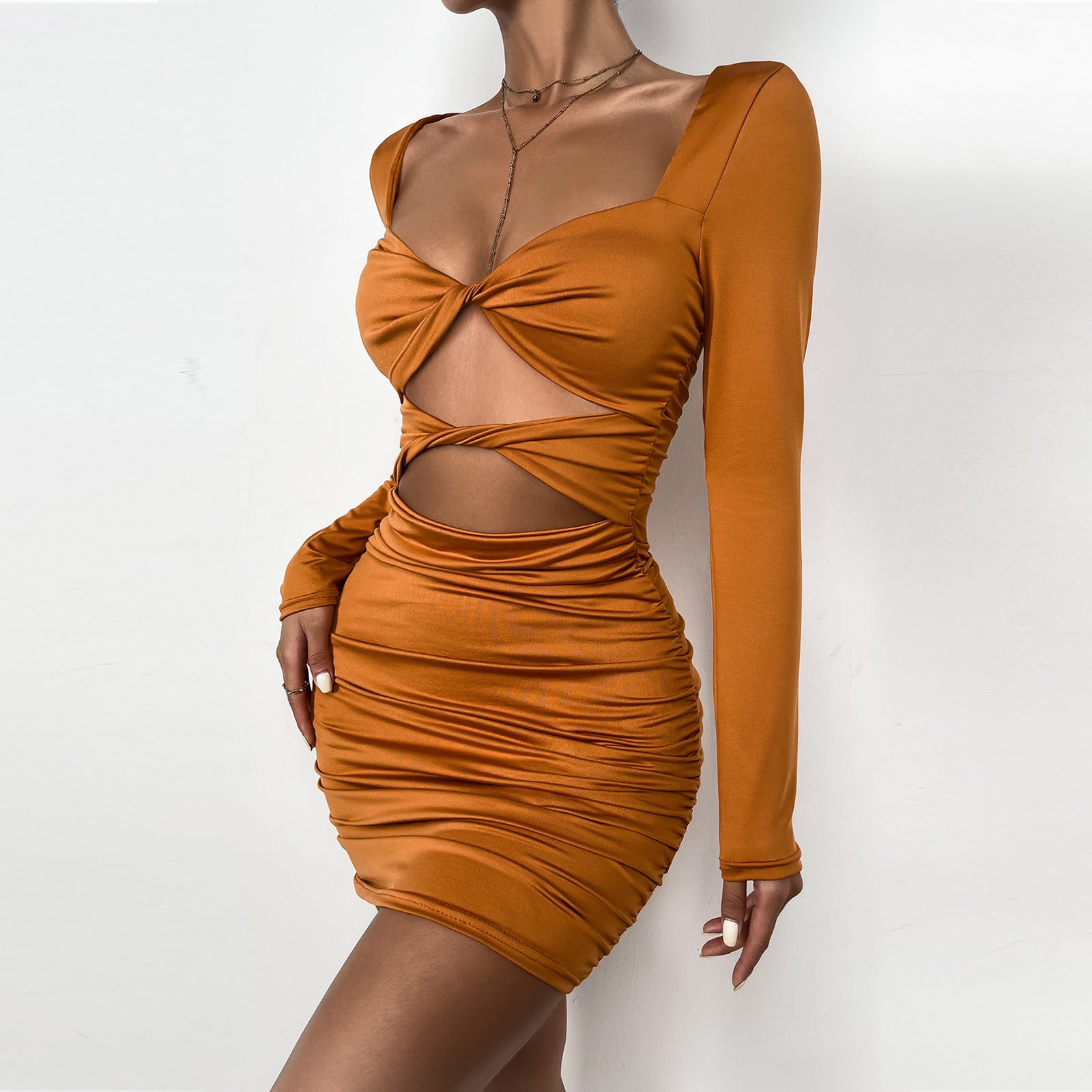 Levmjia Summer Dresses For Women Plus Size Clearance Sexy Fashion Long  Sleeve Solid Color Slim Hollowing Party Club Dress Orange