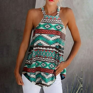 Levmjia Summer Tank Tops For Women High Neck Pullover Hanging Neck Vintage Denim Flower Print Vest Casual Loose Fit Sleeveless Sling Blouse