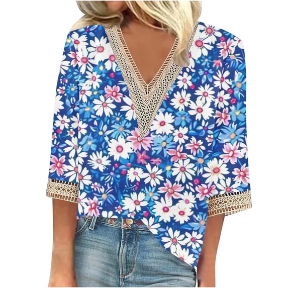 Levmjia Summer Womens Plus Size Tops Short Sleeve Fashion Women's V-Neck 3/4 Sleeve Lace Splicing Floral Print Casual T- Shirt Blouse Tops
