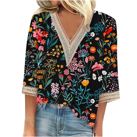 Levmjia Summer Womens Plus Size Tops Short Sleeve Fashion Women's V-Neck 3/4 Sleeve Lace Splicing Floral Print Casual T- Shirt Blouse Tops