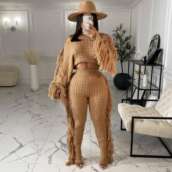 Levmjia Sweatsuit for Women 2 Piece Outfits Crewneck Sweatshirts Pullover Casual Clothes Solid Color Two Piece Knitted Long Sleeve Tassel