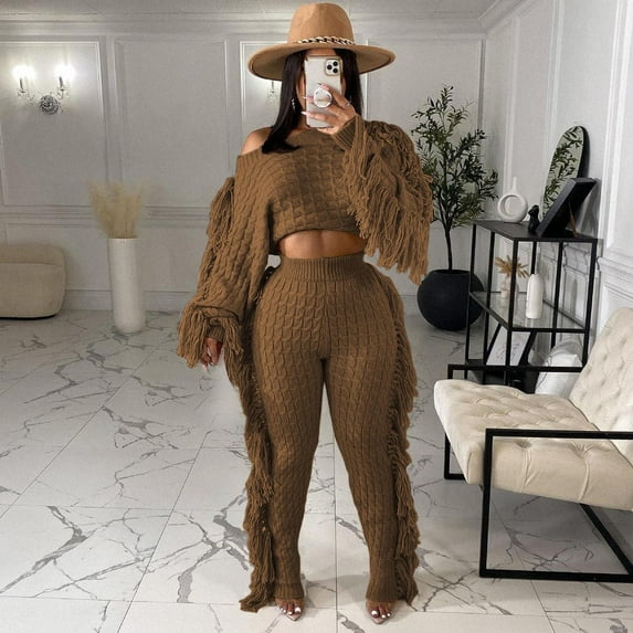 Levmjia Sweatsuit for Women 2 Piece Outfits for Womens Crewneck Sweatshirts Pullover Casual Clothes Solid Color Two Piece Knitted Long Sleeve Tassel Outfits