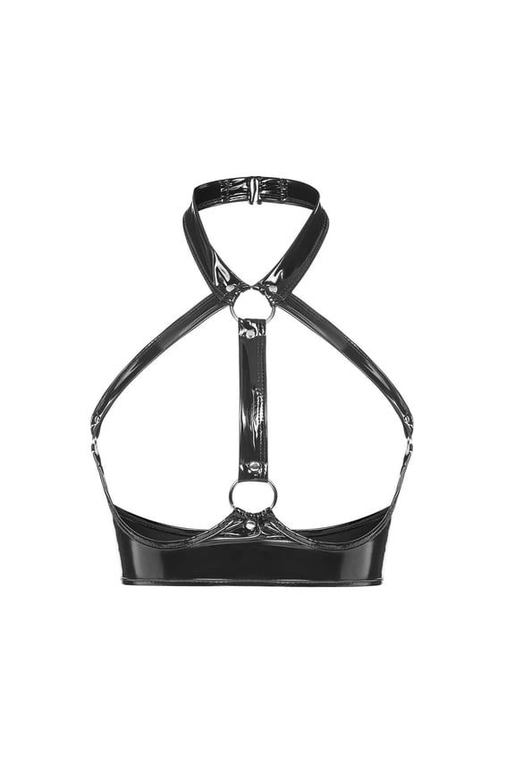 Top PVC Leather Bra for Women Sultry Lingerie Corset Halter Bralette Push Up Underwear with Breathable Soft Polyester Fabric