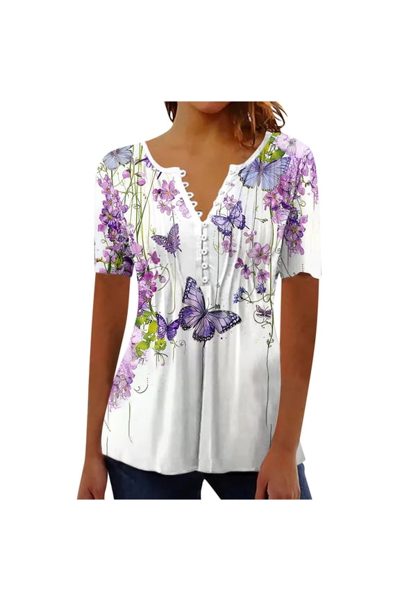 Tunics Or Tops To Wear With Leggings Fashion V-Neck Button Pullover Butterfly Floral Pattern Print Short Sleeve Chest Pleated T-Shirt Blouse