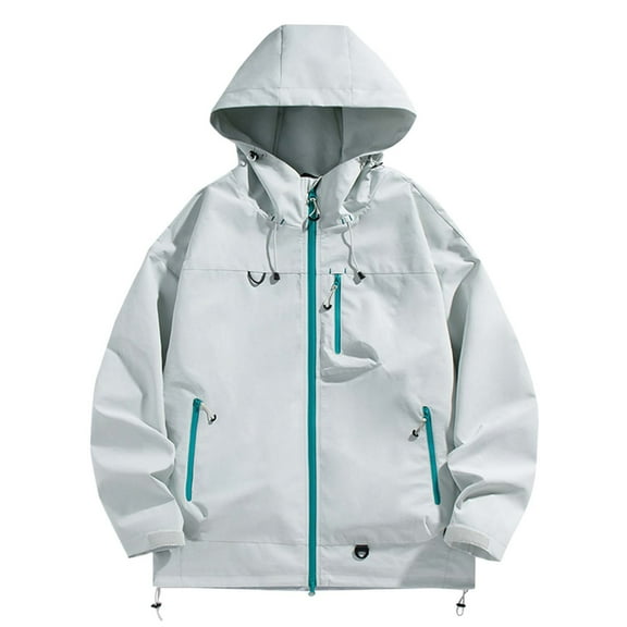 Levmjia Unisex Solid Color Windproof Water-Resistant Jacket Hooded Raincoat Lightweight Outdoor Hiking Coat Zippered Pockets Drawstring Hood Casual Jacket S-3XL