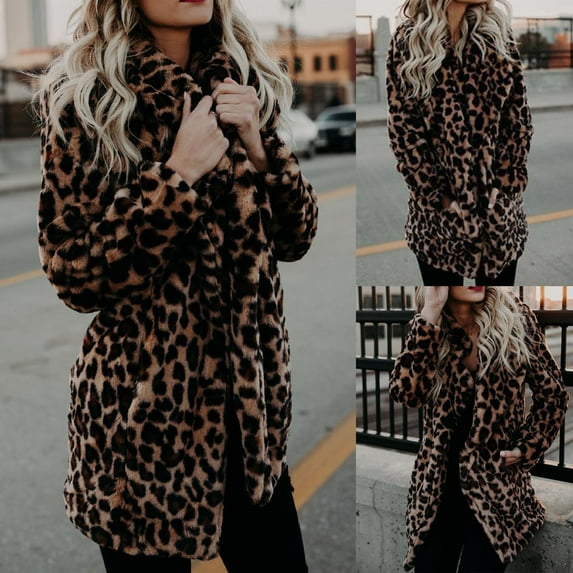 Levmjia Winter Coat for Women 2023 Trendy Fleece Jacket Fashion Leopard Printing Long Sleeve Open Front Loose Outerwear Blouse Coat Tops