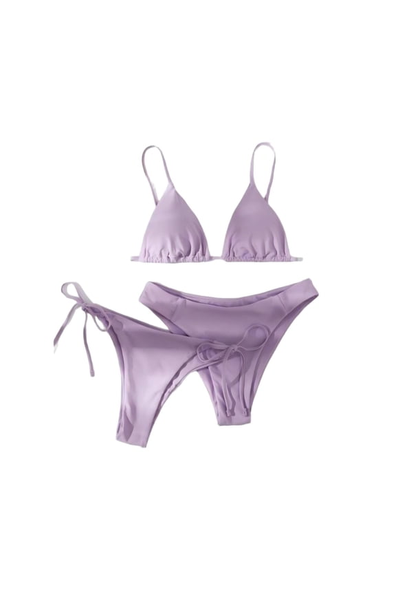 Women Bikini Set Solid Color Lace Up Backless Adjustable Straps Removable Padded Bras Tummy Control Swimwear For Beach Vacation Pool Party