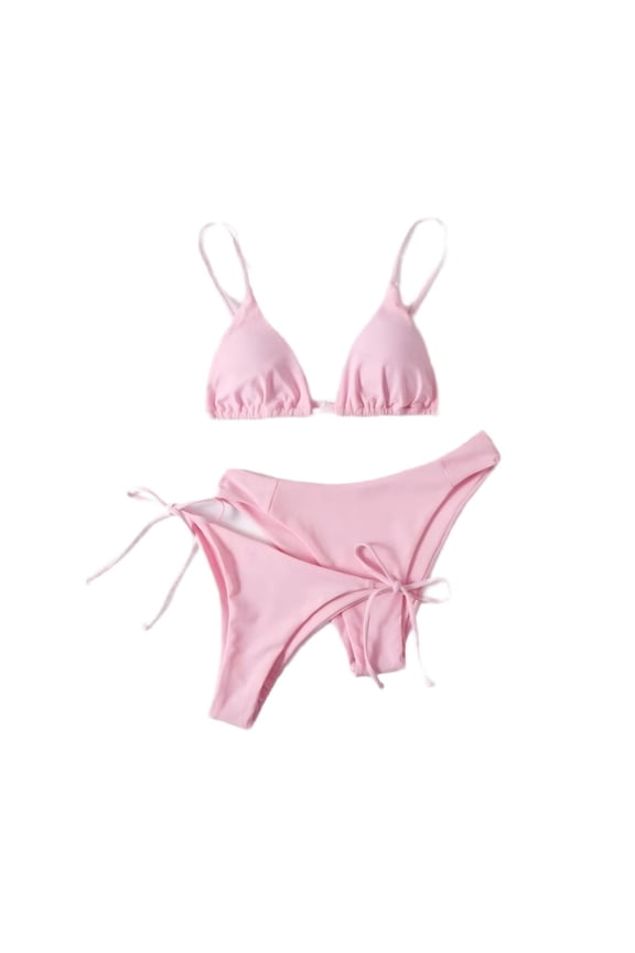 Women Bikini Set Solid Color Lace Up Backless Adjustable Straps Removable Padded Bras Tummy Control Swimwear For Beach Vacation Pool Party