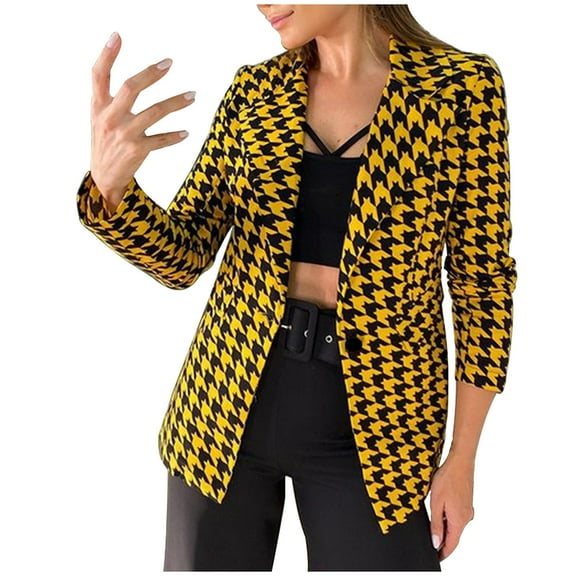 Levmjia Women Blazer Jacket Houndstooth Print Oversized Long Sleeve Coat for Business Casual Work Office Winter Fashion Outerwear Classic Fit Button Down Comfortable Warm Stylish