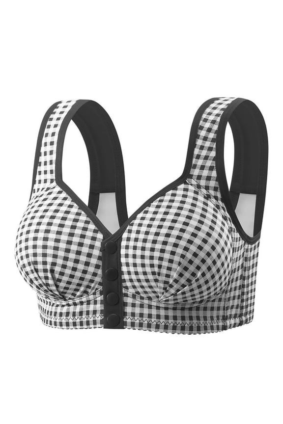 Women Bras Wireless Lace Front Closure Comfortable Breathable Plaid Printing Push Up Adjustable Straps Everyday Wear T Shirt Bra for Sleep and Lounge