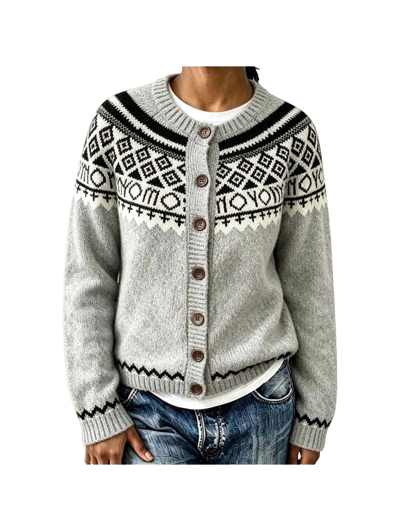 Women Cardigan Print Sweater Soft Round Neck Button Front Long Sleeve Vintage Cozy Warm Outwear Daily Wear Party Fall Winter Casual