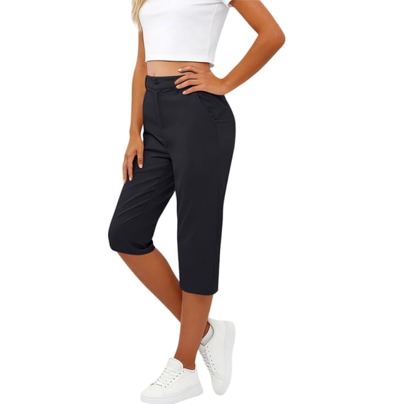 Levmjia Women Casual Capris Pants Polyester Solid Color Straight Leg Workout Yoga Cropped Pants with Pockets Comfortable Stretchy Daily Wear Travel