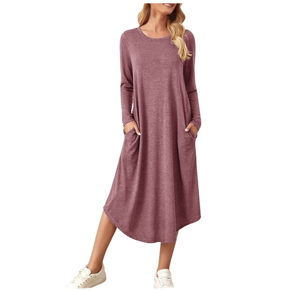 Levmjia Women Casual Dress Long Sleeve Round Neck Solid Pocket Polyester Comfortable Loose Fit Daily Wear Office Vacation Multi Color Options