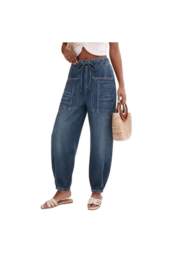 Women Casual Jogging Jeans Denim Lowrise Drawstring Loose Trousers Soft Breathable High Waist Elastic Adjustable Fit Daily Work