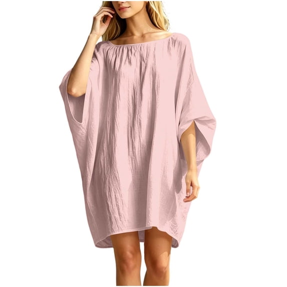Levmjia Women Casual Loose Batwing Sleeve Dress Solid Color Round Neck Tunic Dress With Pockets For Summer Lightweight Breathable Fabric Oversized Fit Flattering