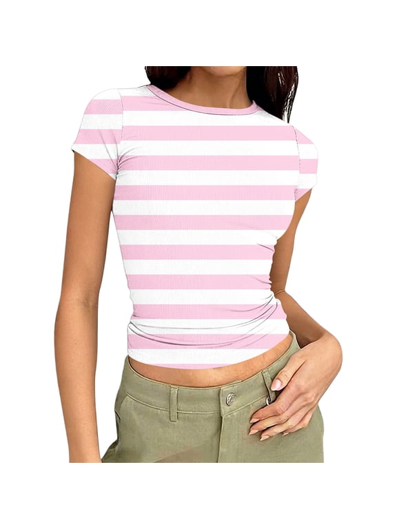 Women Casual Tops Short Sleeve Round Neck Stripes Printed Fittop Soft Comfortable Vacation Work Daily Wear Fashion Tight Blouse
