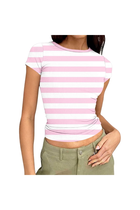 Women Casual Tops Short Sleeve Round Neck Stripes Printed Fittop Soft Comfortable Vacation Work Daily Wear Fashion Tight Blouse